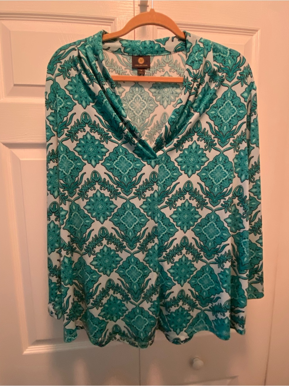 JM Collection Split-Cowel Neck Teal & White Blouse Damask Geometric Pattern 3X